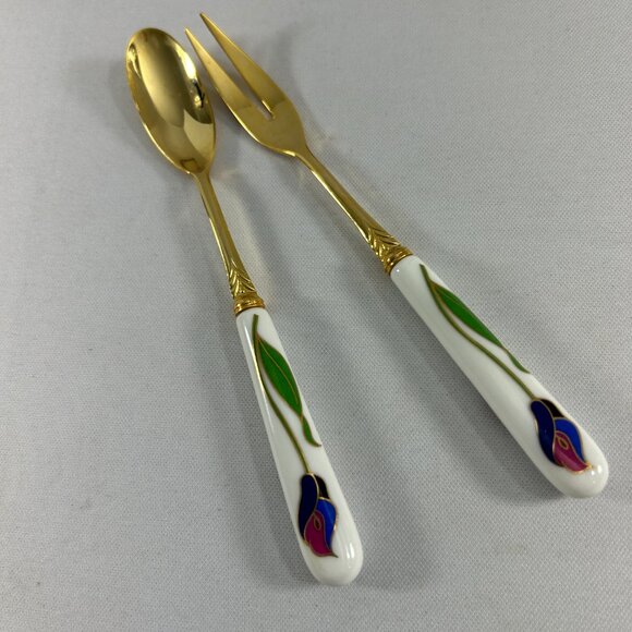 Vintage Bethel House Cocktail Forks Spoons Set Gold Porcelain Handles Tulips - Picture 4 of 14